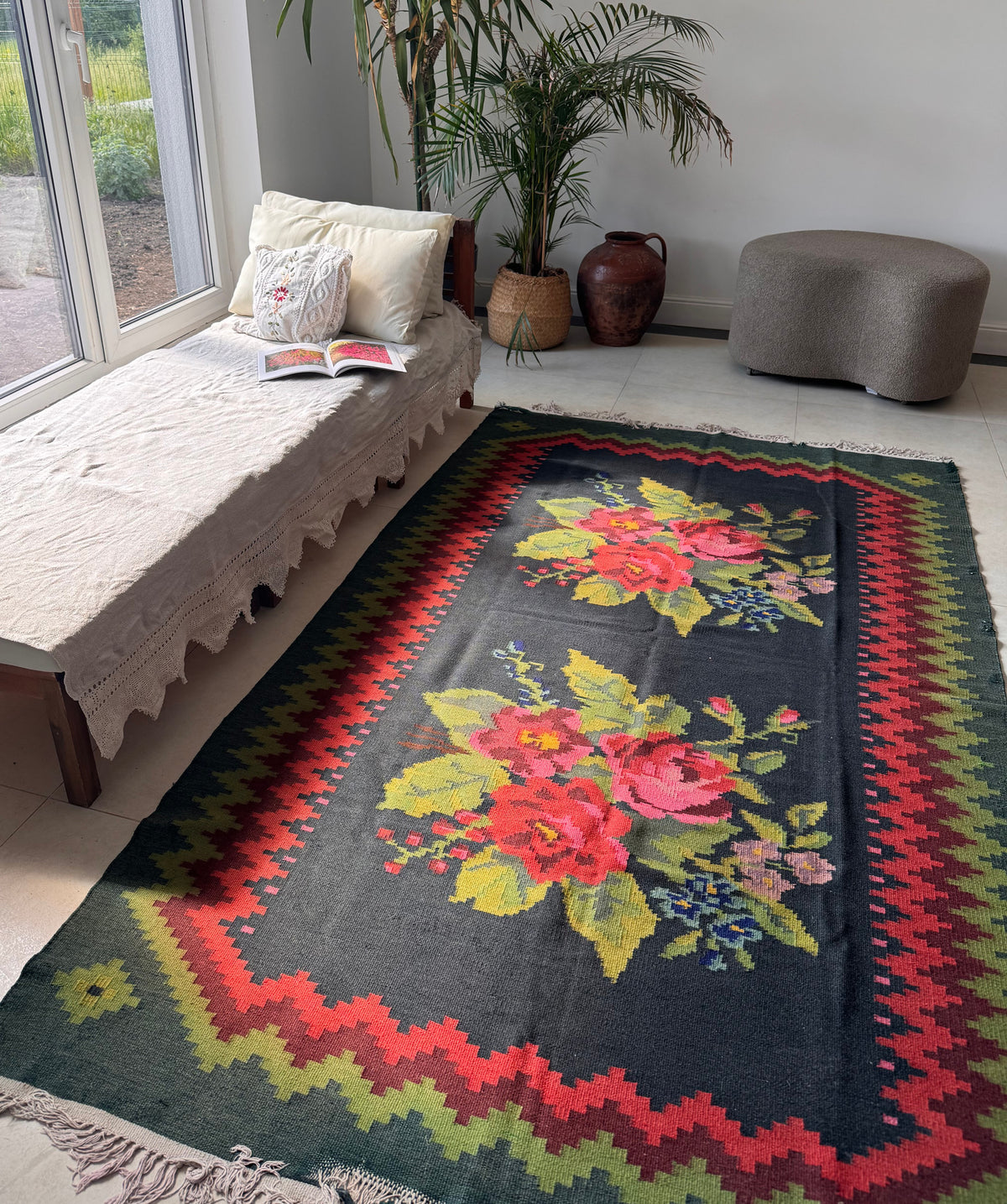 Vintage Green Floral Bessarabian Wool Rug, 245x140 cm, view 2