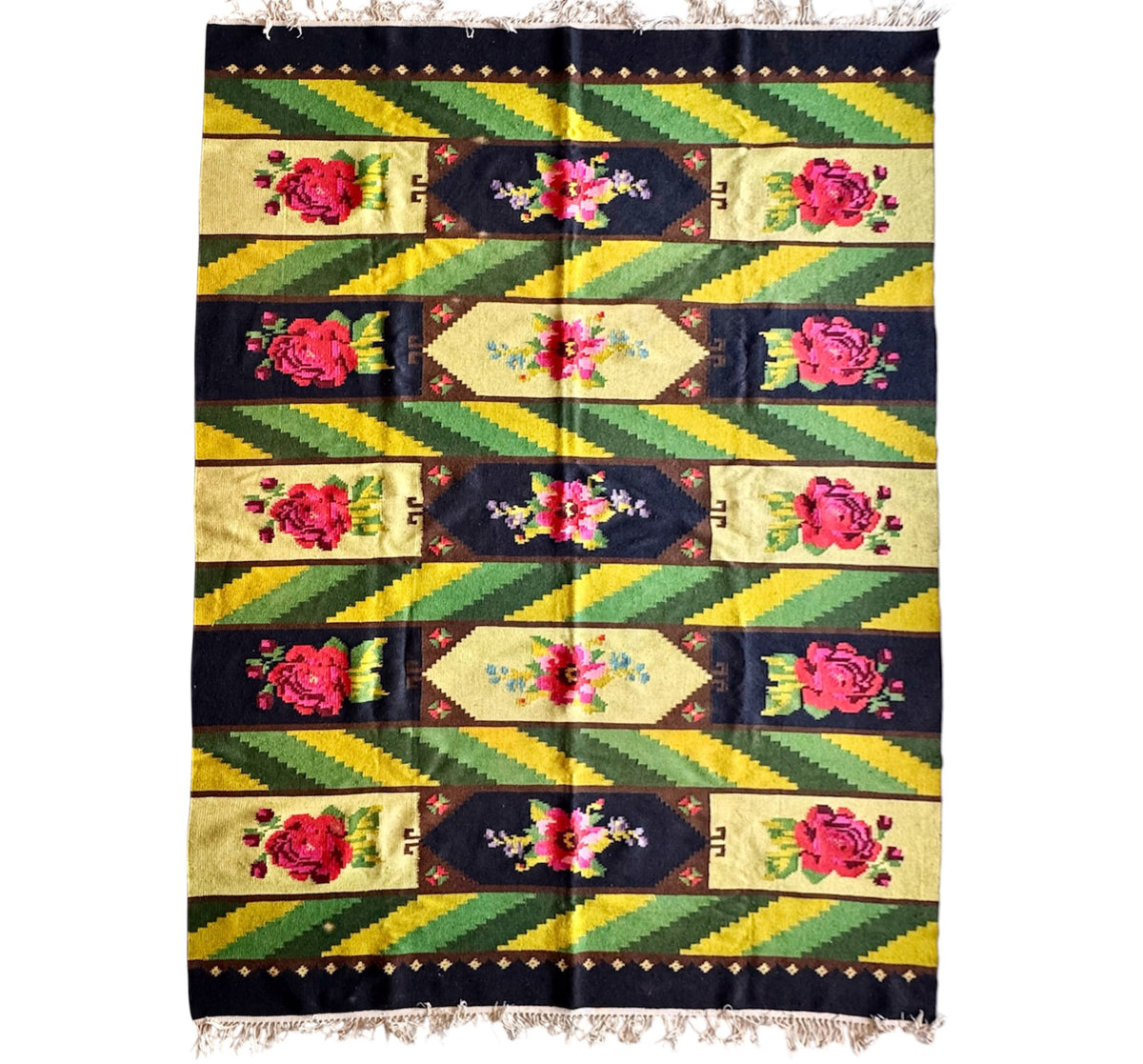 Vintage Green Floral Bessarabian Wool Rug, 300x200 cm