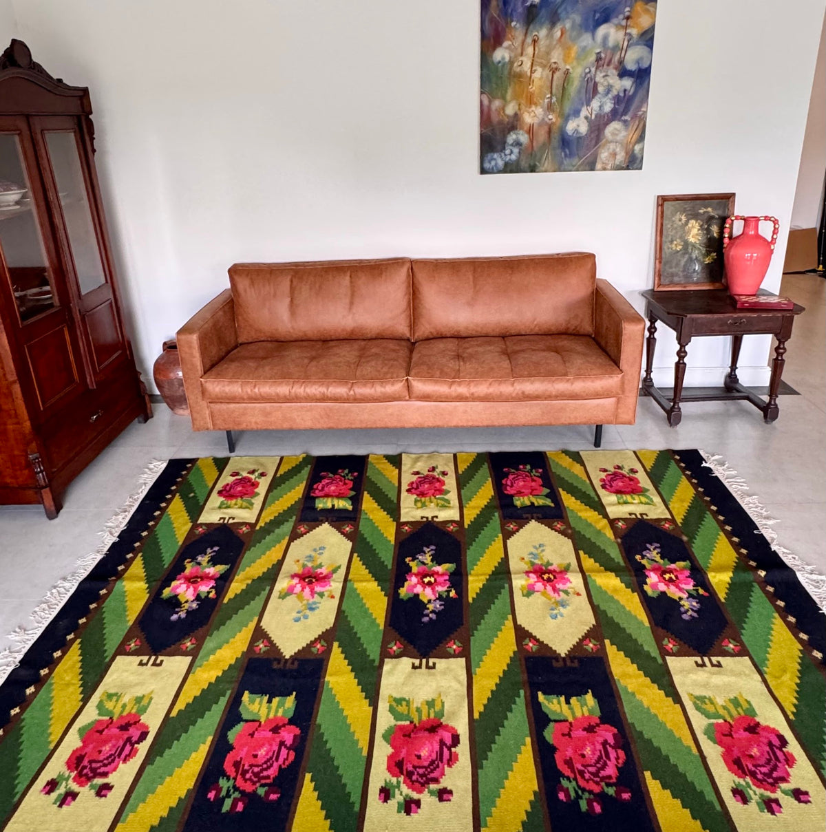 Vintage Green Floral Bessarabian Wool Rug, 300x200 cm, view 15