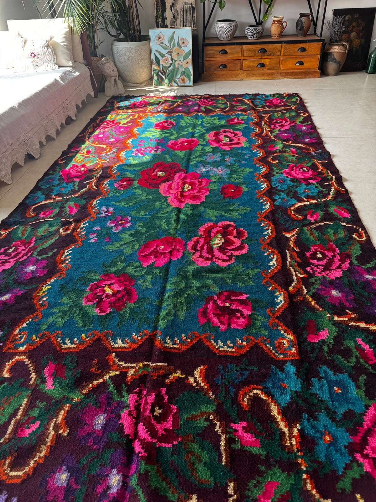 Handwoven Blue Floral Bessarabian Wool Rug, 335x175 cm, view 3