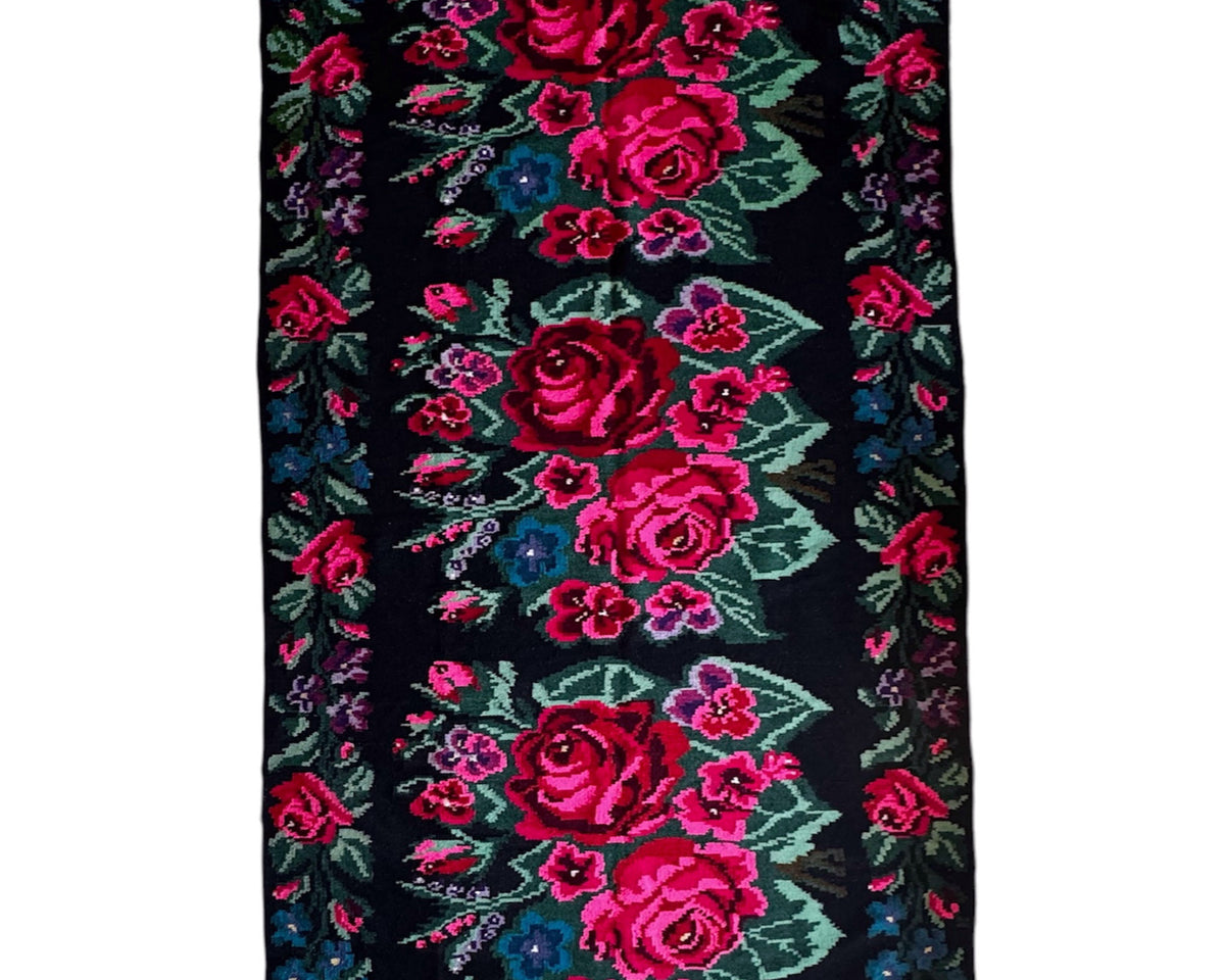 Handwoven Black Floral Bessarabian Wool Rug, 380x155 cm