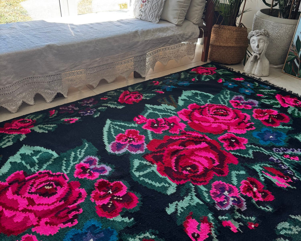 Handwoven Black Floral Bessarabian Wool Rug, 380x155 cm, view 11