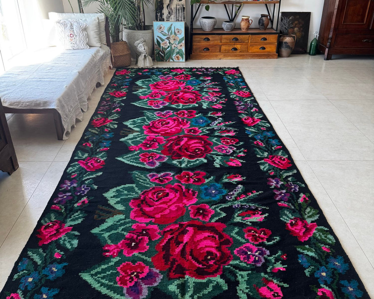 Handwoven Black Floral Bessarabian Wool Rug, 380x155 cm, view 12