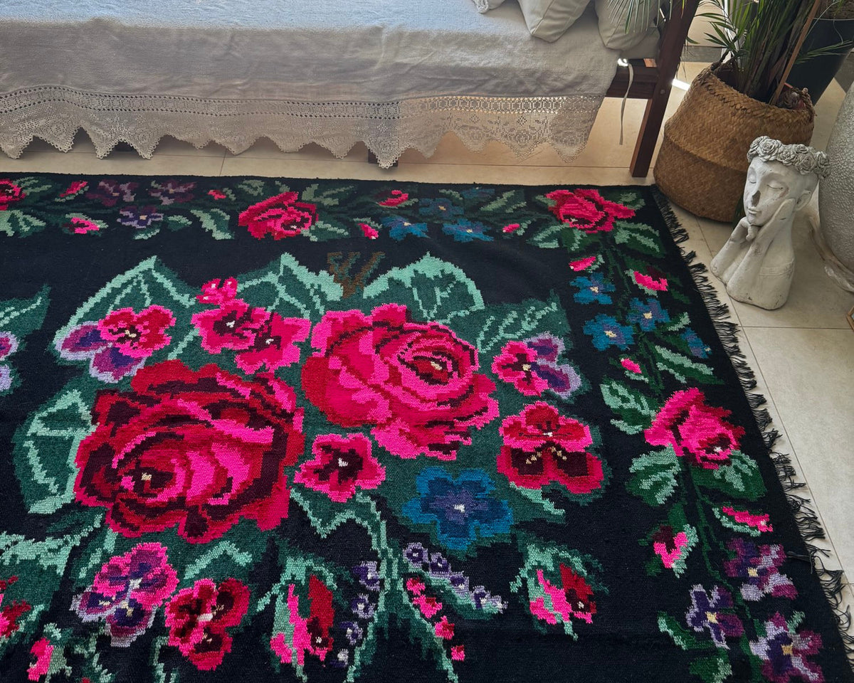 Handwoven Black Floral Bessarabian Wool Rug, 380x155 cm, view 13