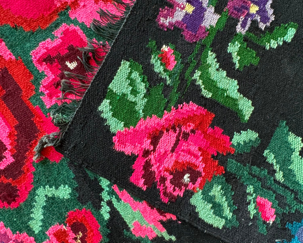Handwoven Black Floral Bessarabian Wool Rug, 380x155 cm, view 14