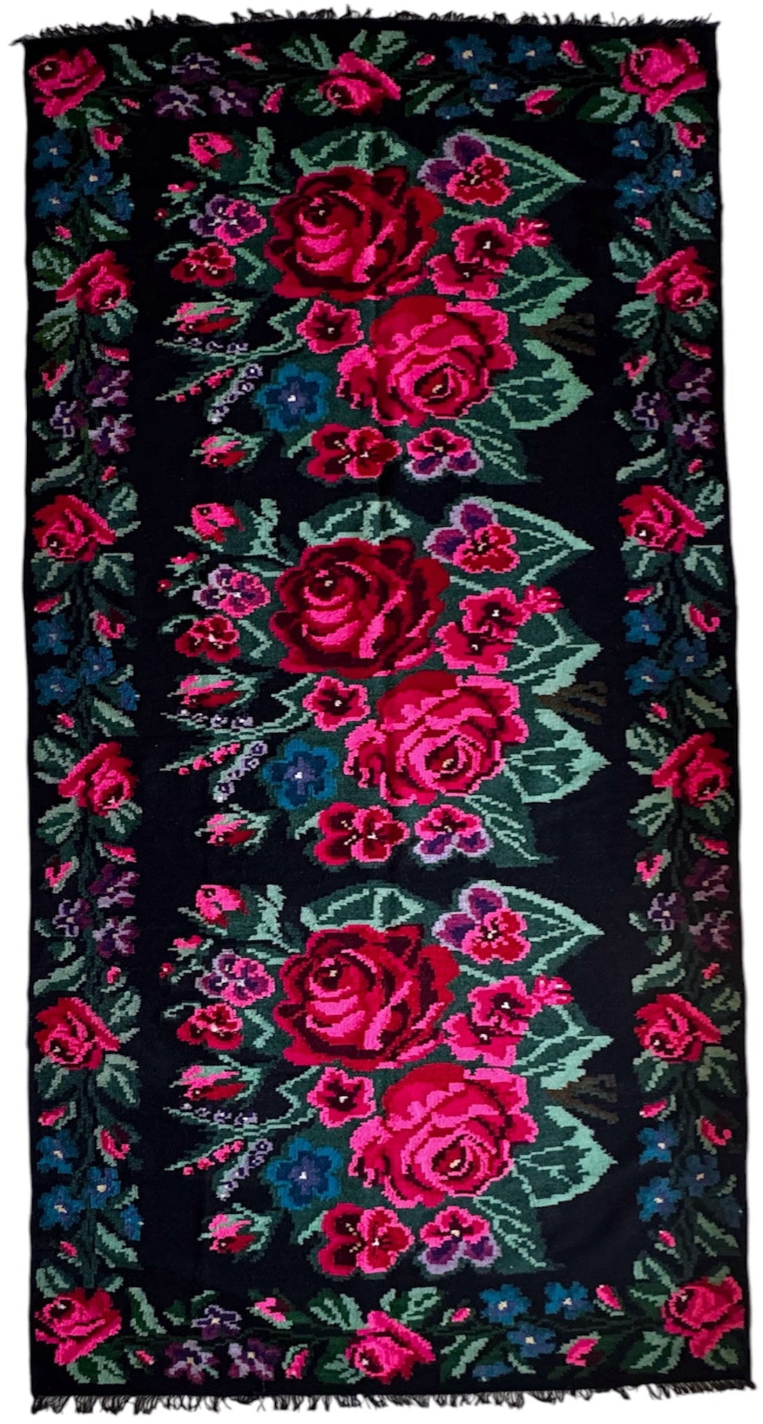 Handwoven Black Floral Bessarabian Wool Rug, 380x155 cm, view 15