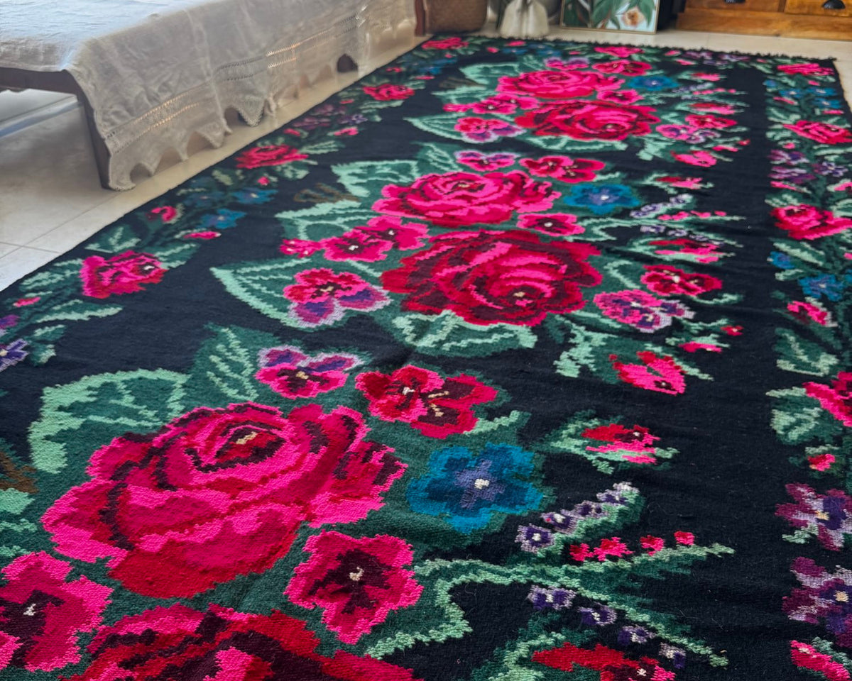 Handwoven Black Floral Bessarabian Wool Rug, 380x155 cm, view 2