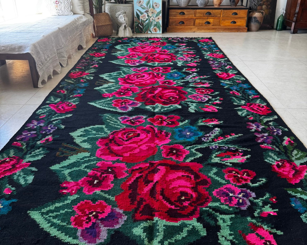 Handwoven Black Floral Bessarabian Wool Rug, 380x155 cm, view 3