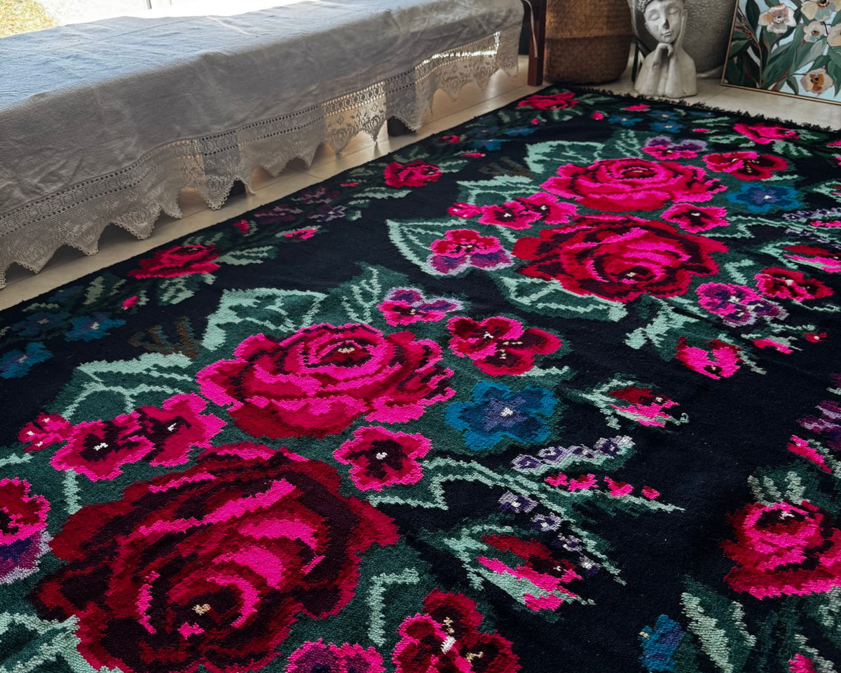 Handwoven Black Floral Bessarabian Wool Rug, 380x155 cm, view 4