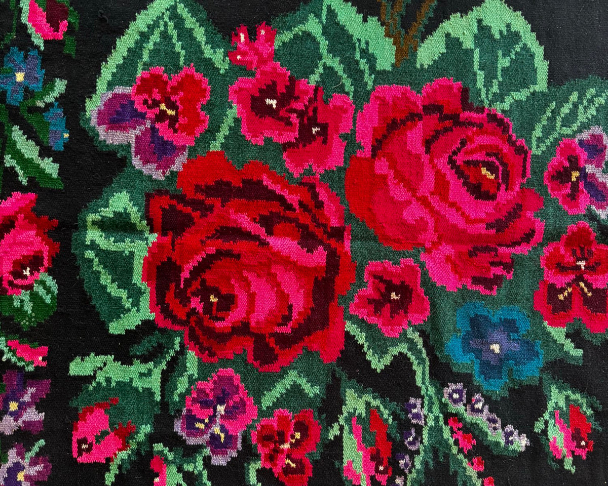 Handwoven Black Floral Bessarabian Wool Rug, 380x155 cm, view 5