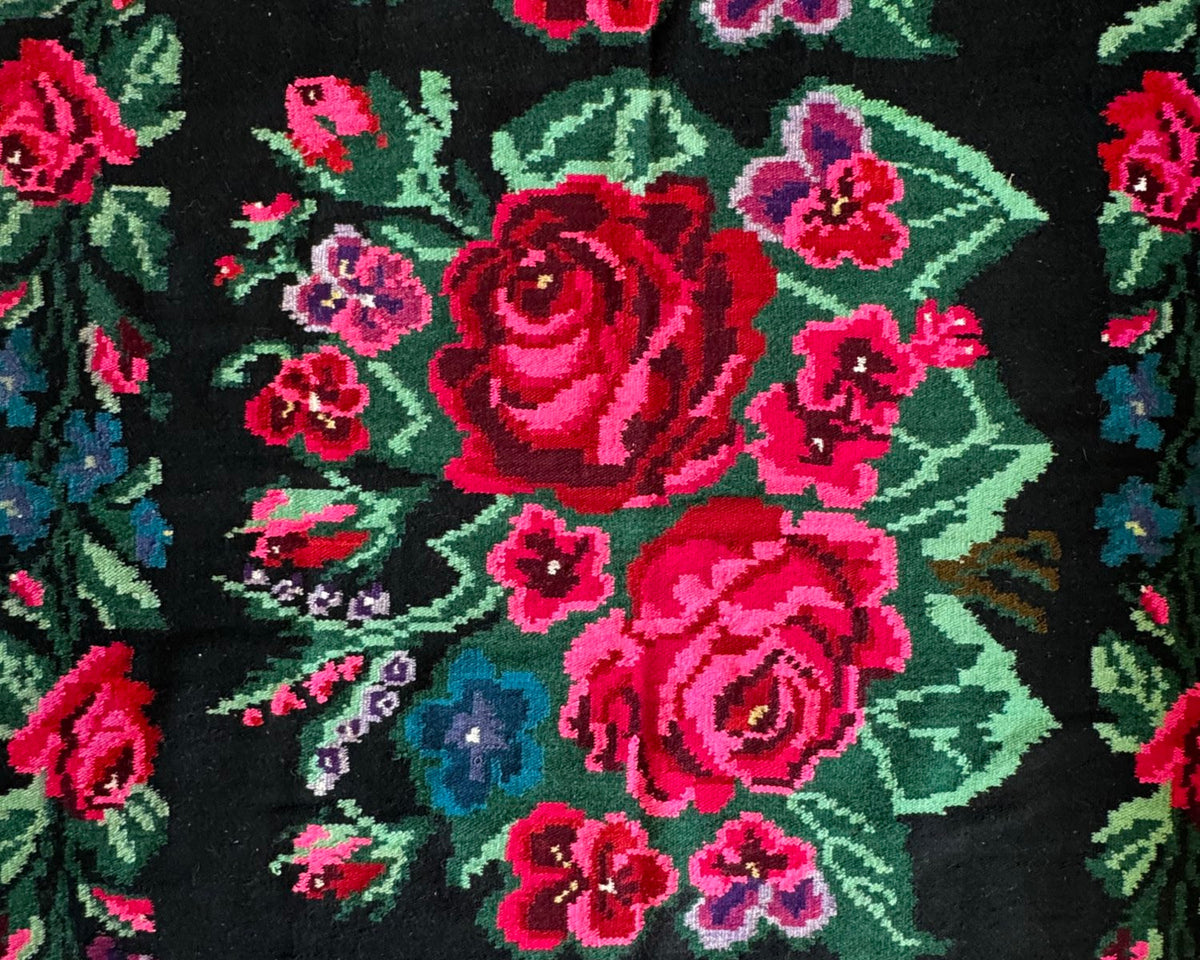 Handwoven Black Floral Bessarabian Wool Rug, 380x155 cm, view 6