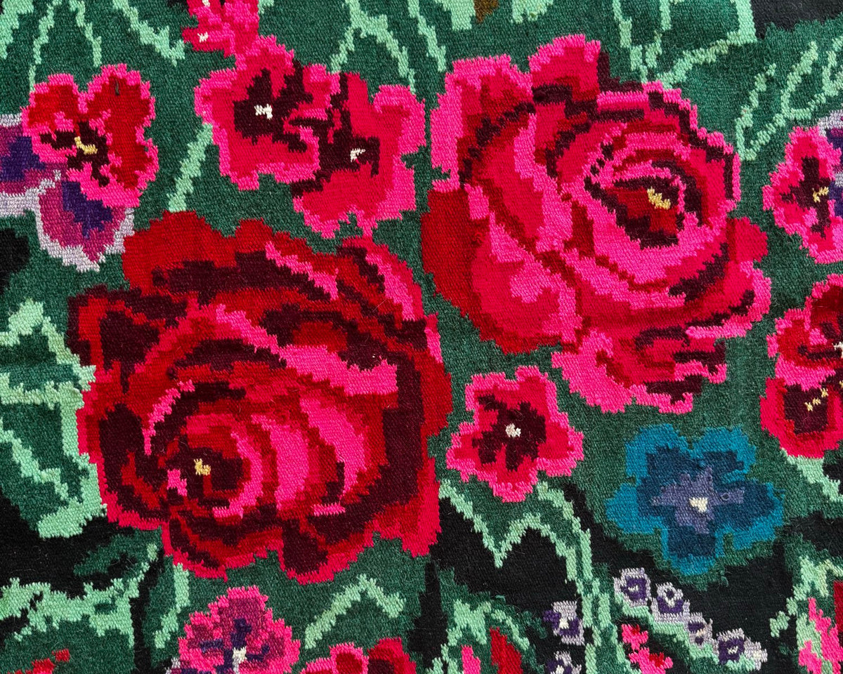 Handwoven Black Floral Bessarabian Wool Rug, 380x155 cm, view 7