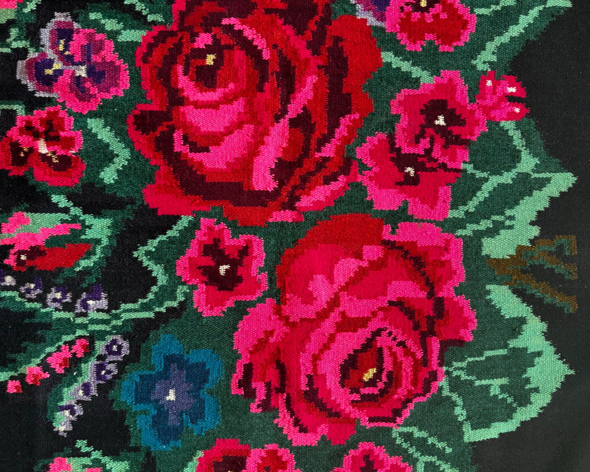 Handwoven Black Floral Bessarabian Wool Rug, 380x155 cm, view 8