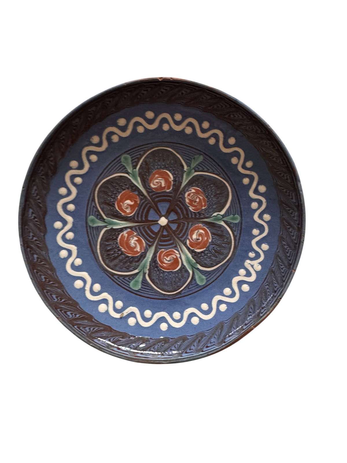 Blue Horezu Clay Plate, Handmade Floral Pottery, 21 cm