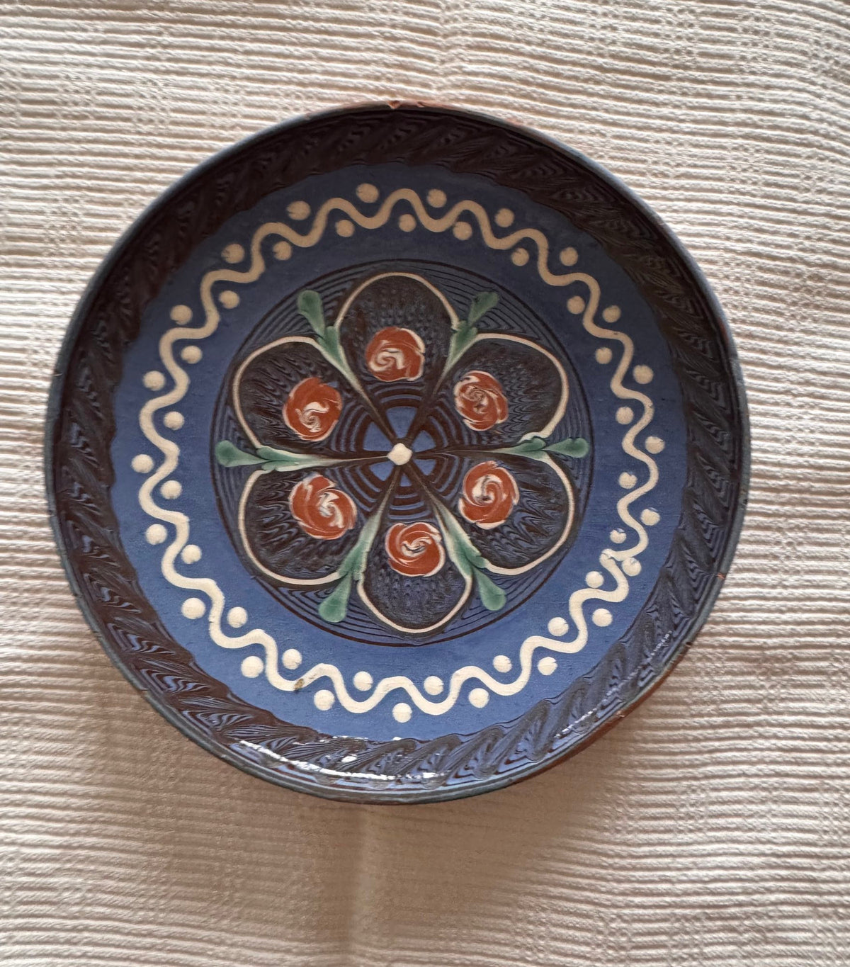 Blue Horezu Clay Plate, Handmade Floral Pottery, 21 cm, view 10