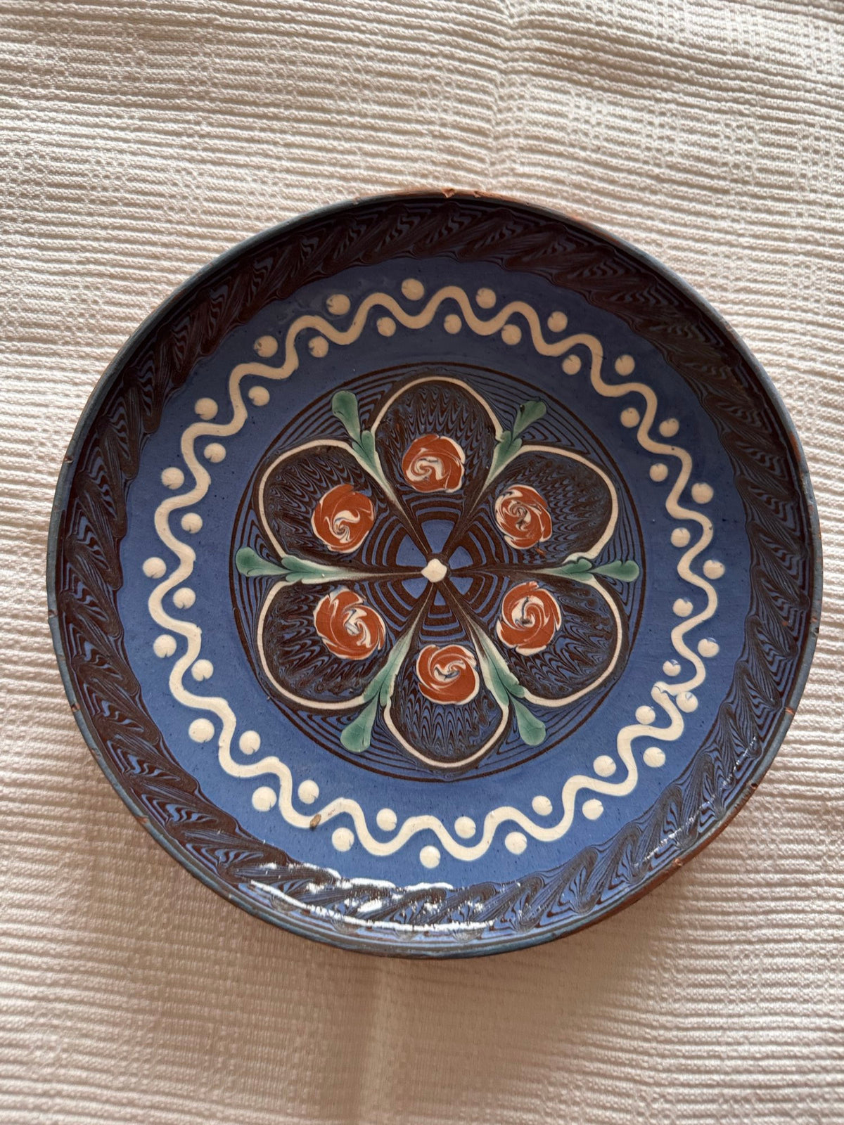 Blue Horezu Clay Plate, Handmade Floral Pottery, 21 cm, view 6