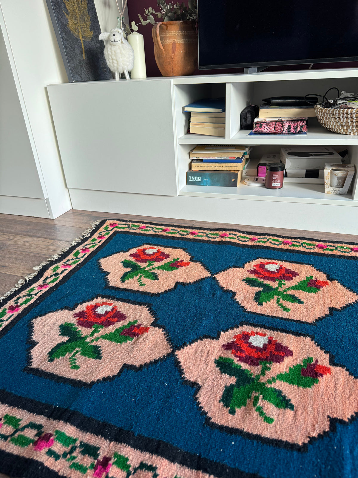 Vintage Blue Floral Romanian Wool Rug, 195x90 cm, view 12
