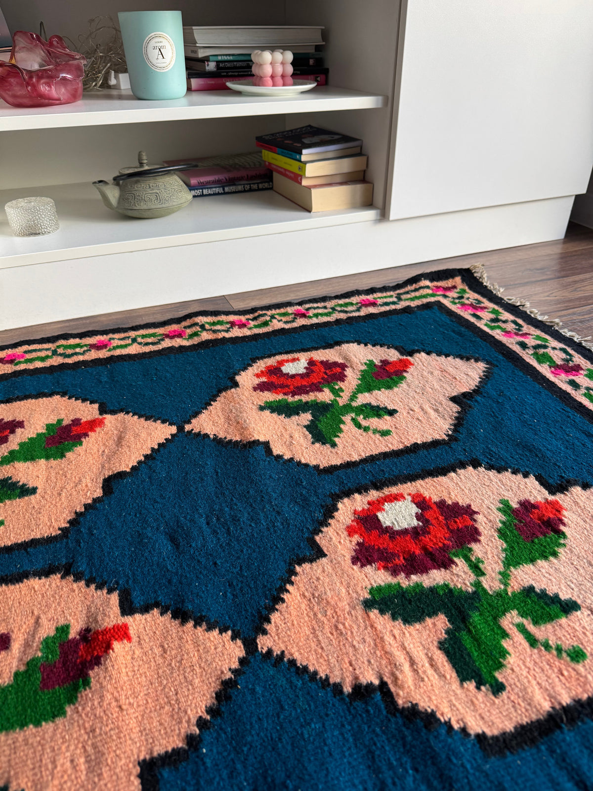 Vintage Blue Floral Romanian Wool Rug, 195x90 cm, view 13