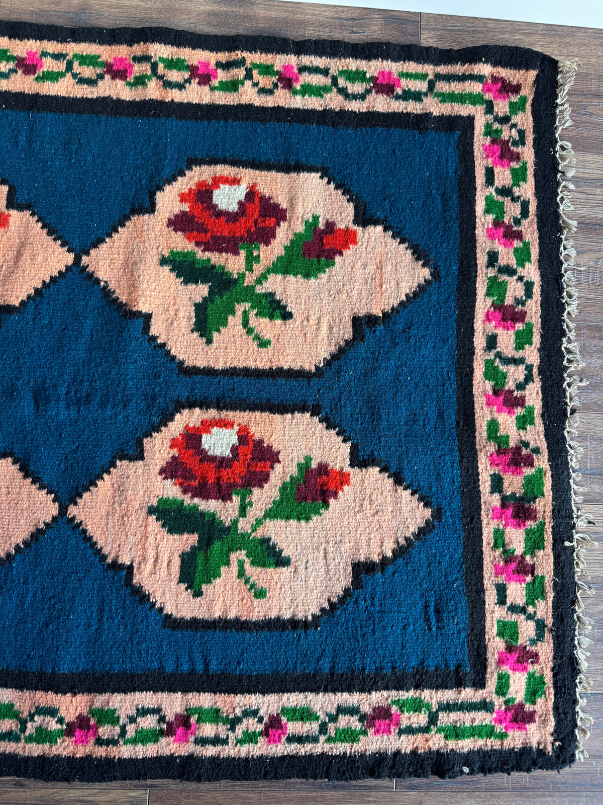 Vintage Blue Floral Romanian Wool Rug, 195x90 cm, view 6
