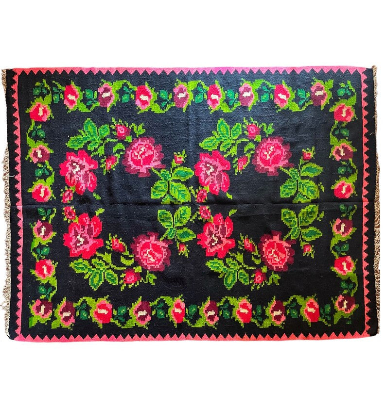 Handwoven Black Floral Romanian Wool Rug, 225x170 cm