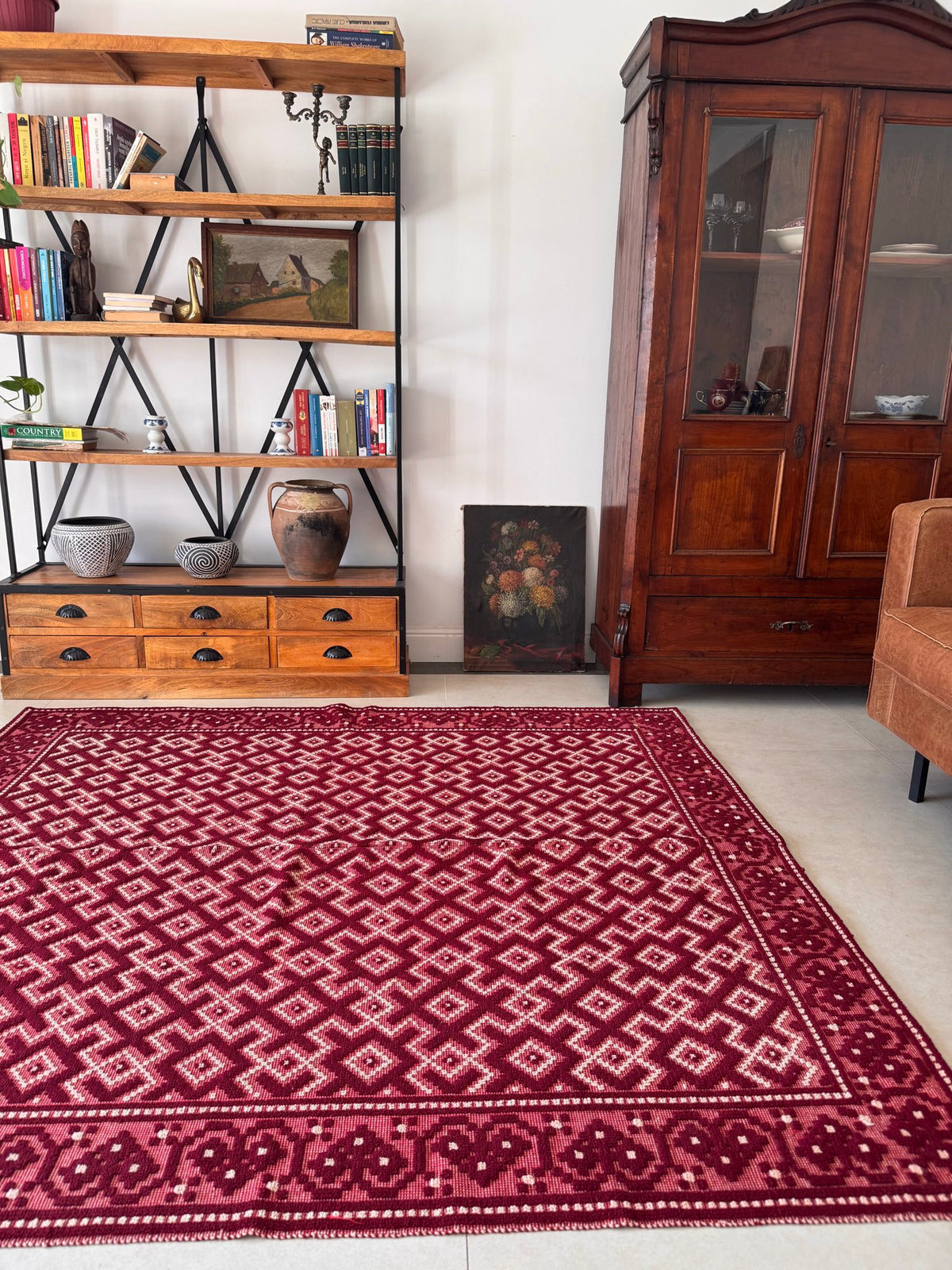 Vintage Burgundy Geometric Romanian Wool Rug, 190x170 cm, view 15