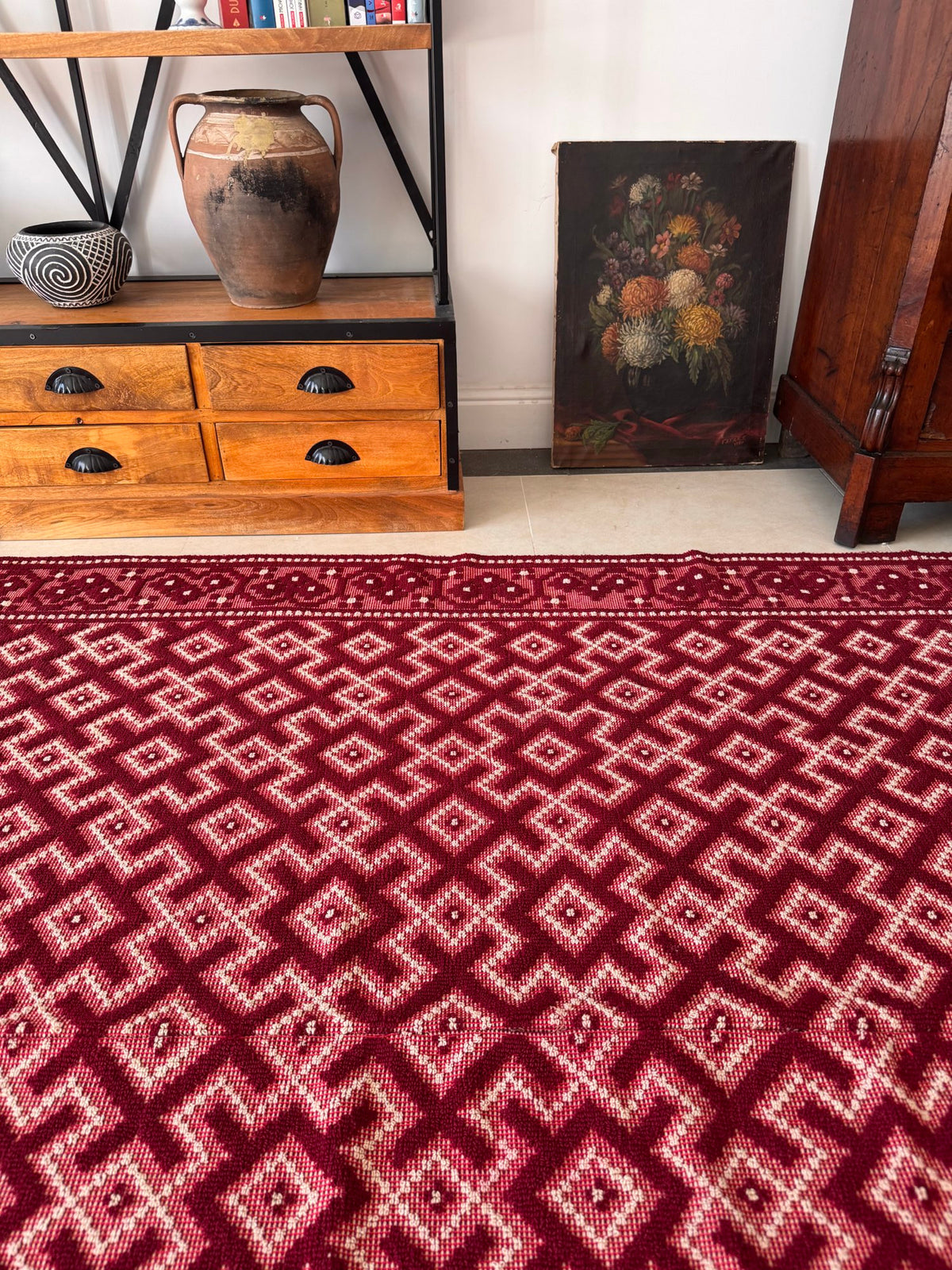 Vintage Burgundy Geometric Romanian Wool Rug, 190x170 cm, view 5