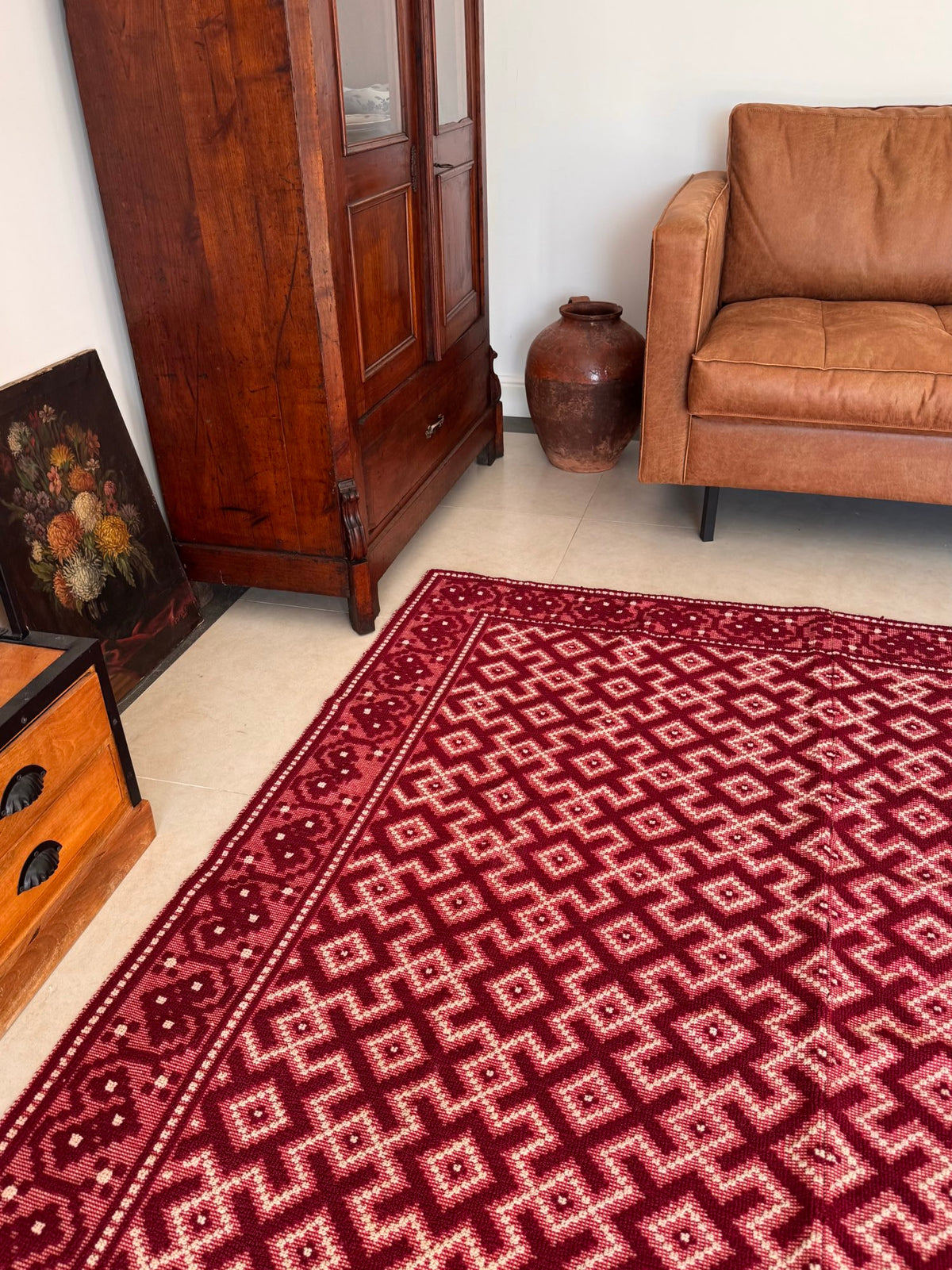 Vintage Burgundy Geometric Romanian Wool Rug, 190x170 cm, view 7