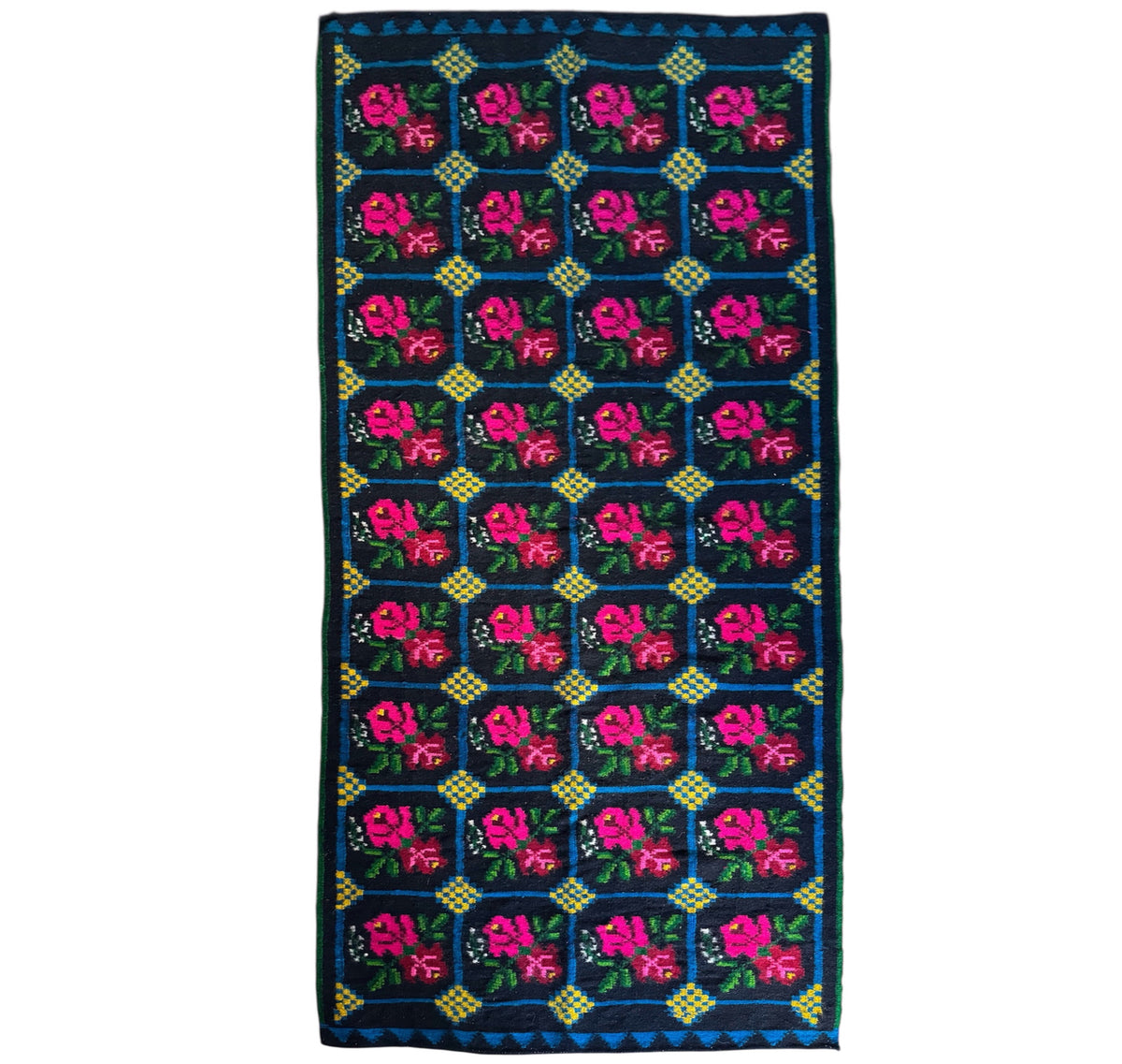 Vintage Pink Floral Romanian Wool Runner Rug, 230x98 cm