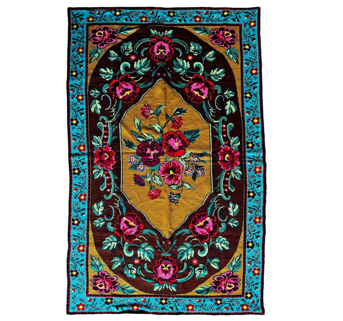 Cross-Stitch Floral Wall Hanging, Blue & Ochre, 200x120 cm