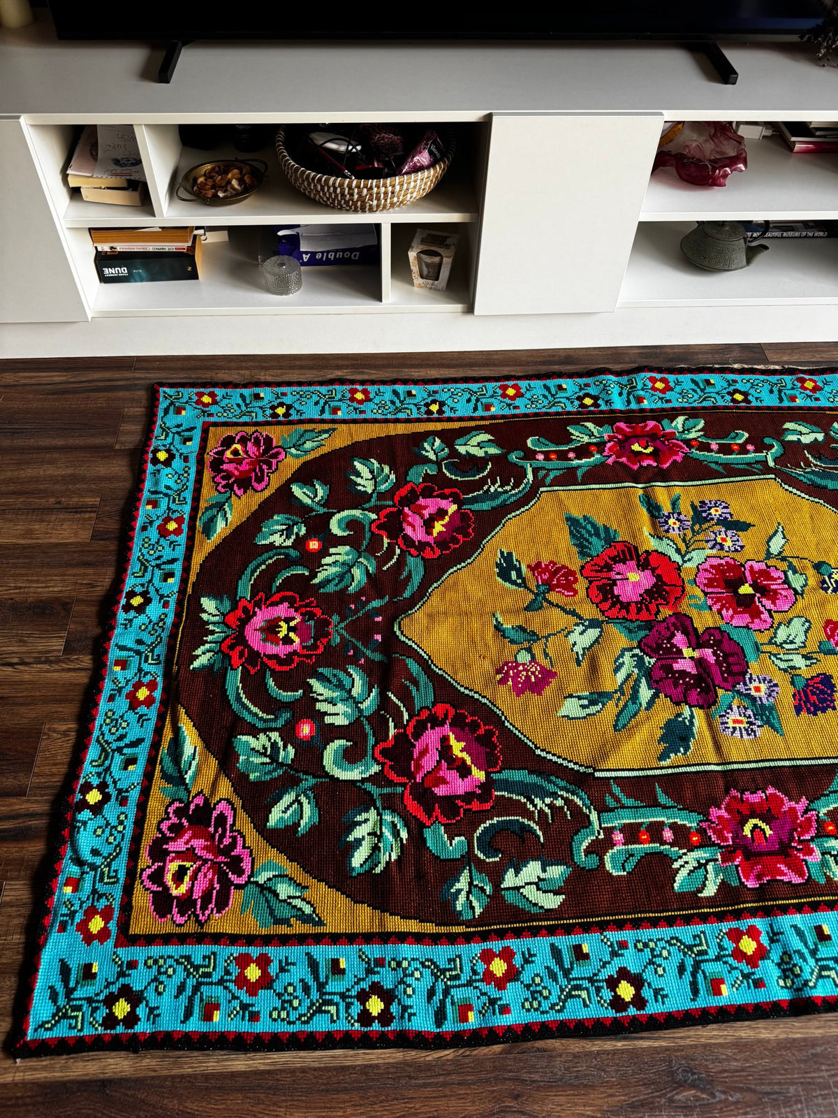 Cross-Stitch Floral Wall Hanging, Blue & Ochre, 200x120 cm, view 10
