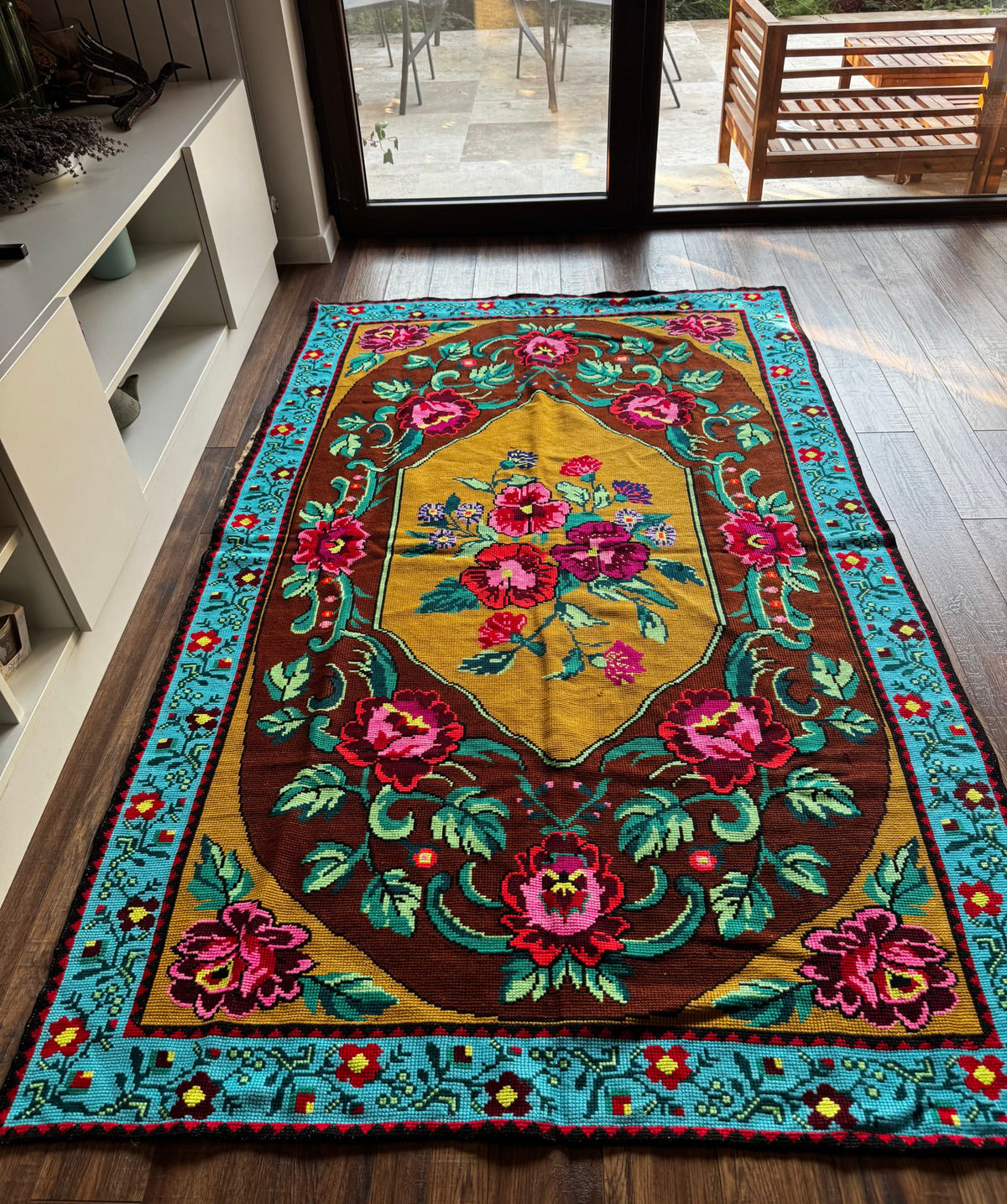 Cross-Stitch Floral Wall Hanging, Blue & Ochre, 200x120 cm, view 13
