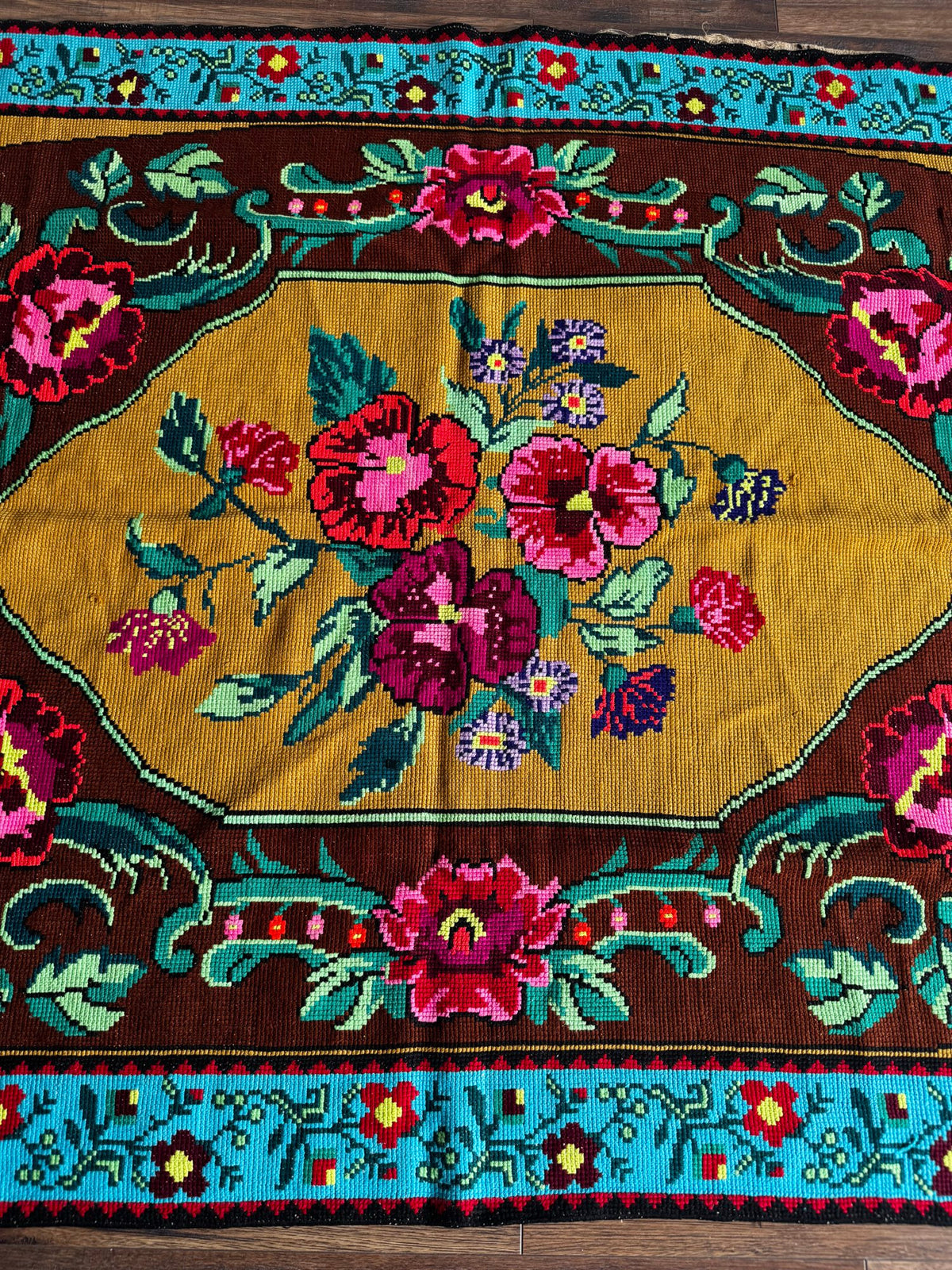 Cross-Stitch Floral Wall Hanging, Blue & Ochre, 200x120 cm, view 8
