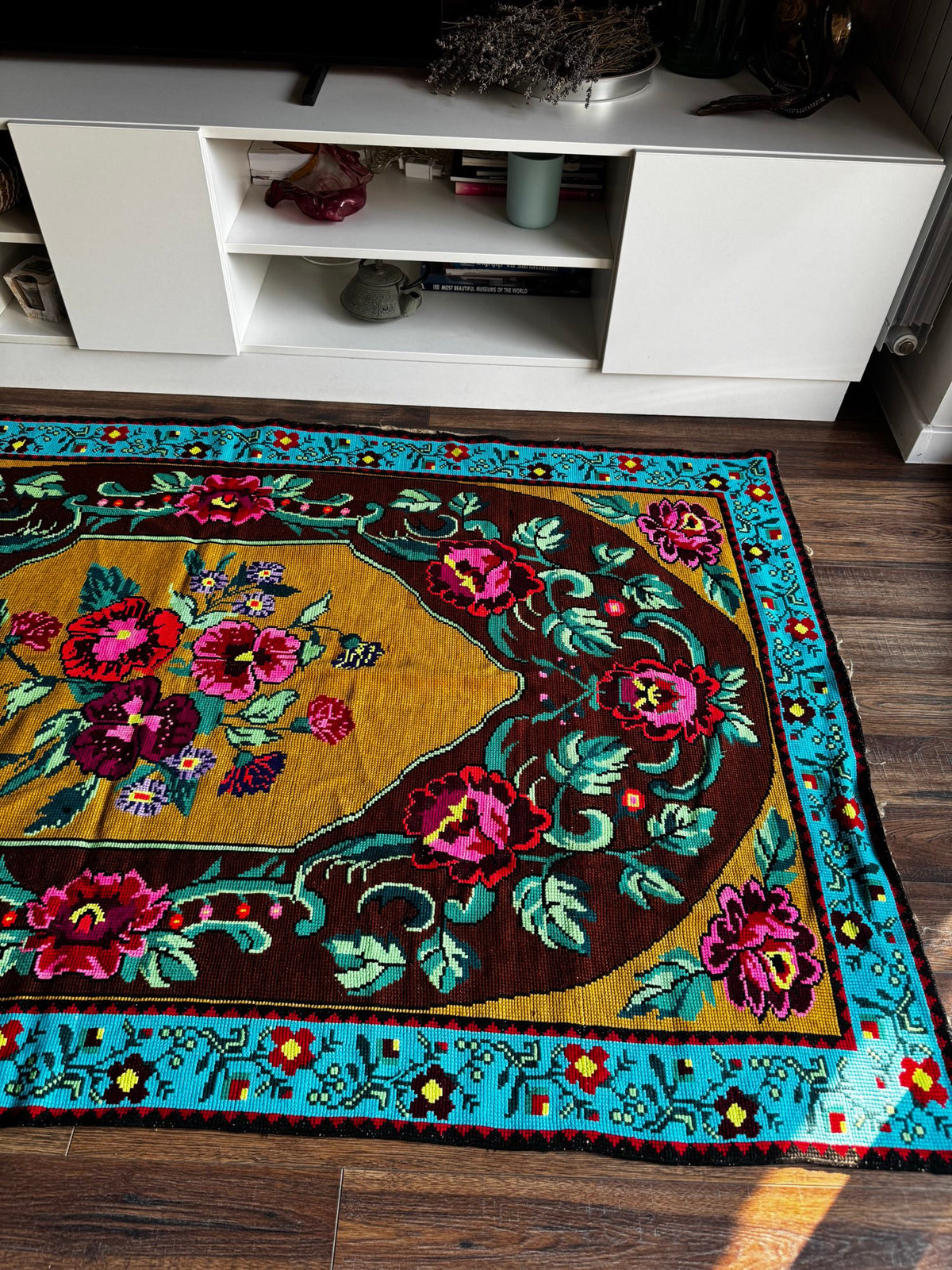 Cross-Stitch Floral Wall Hanging, Blue & Ochre, 200x120 cm, view 9