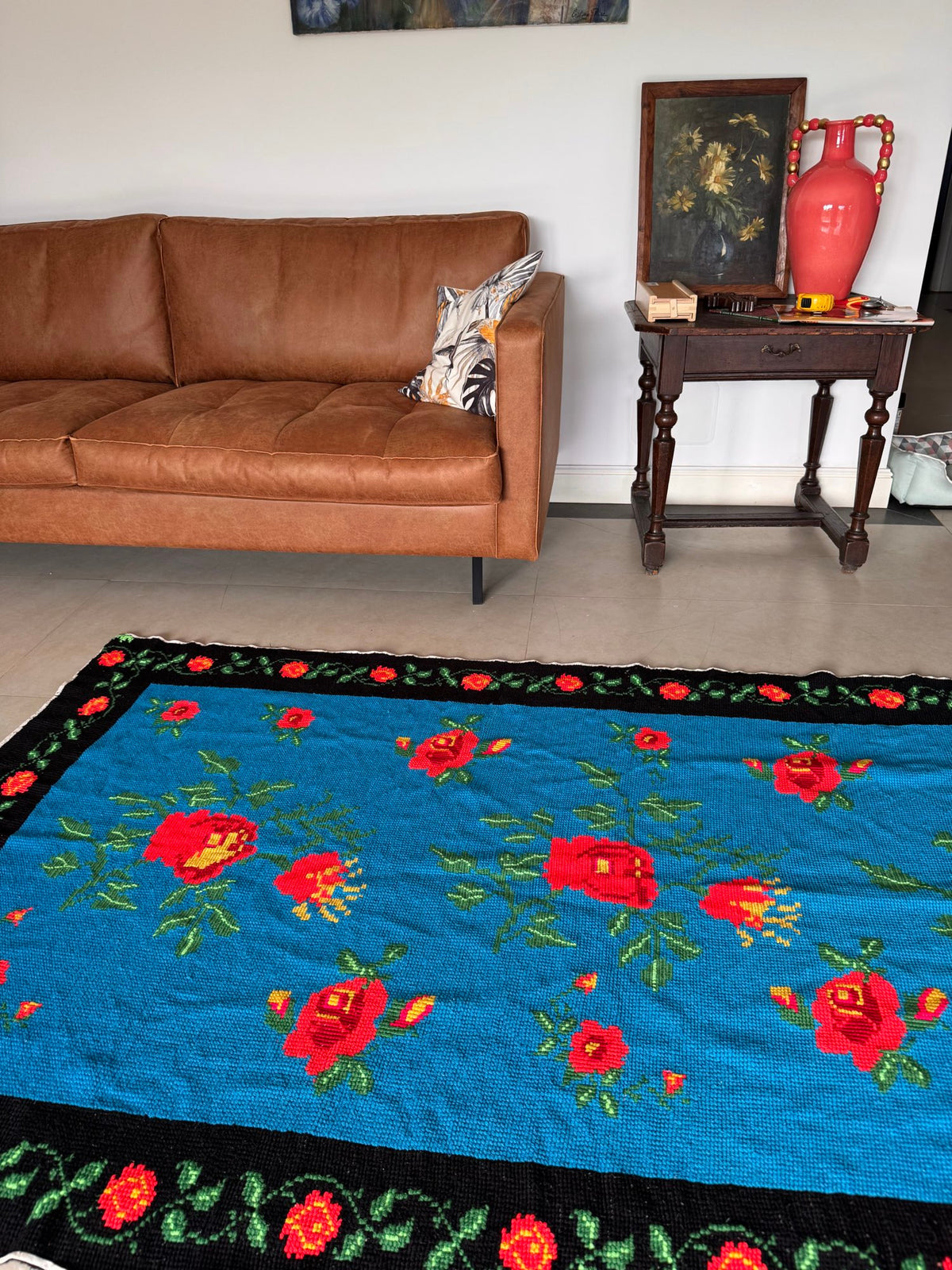 Cross-Stitch Wall Tapestry with Roses, Blue, 250x135 cm, view 11