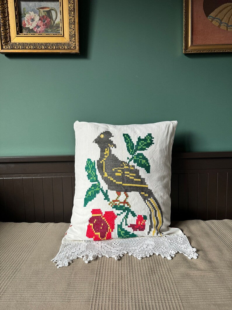 Large Embroidered Bird Pillow Case with Lace, 40x49 cm, view 2