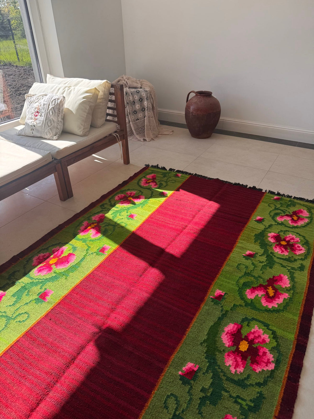 Handwoven Green Floral Bessarabian Wool Rug, 275x140 cm, view 15
