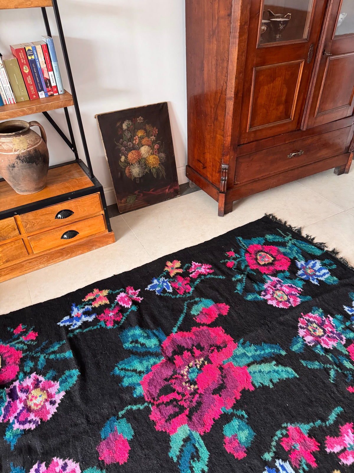 Vintage Black Floral Maramureș Wool Rug, 200x120 cm, view 14