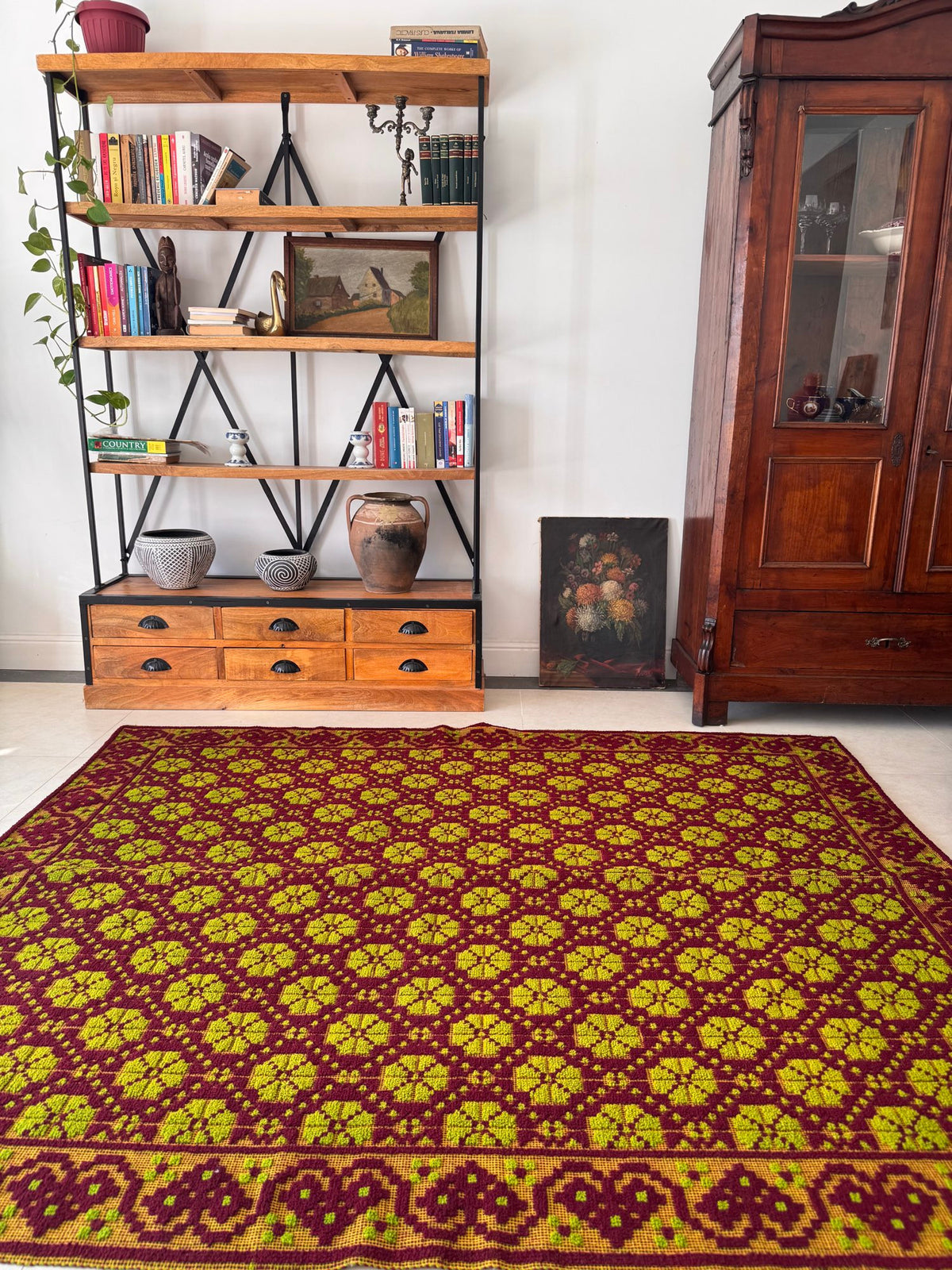 Vintage Green Geometric Romanian Wool Rug, 200x162 cm, view 2