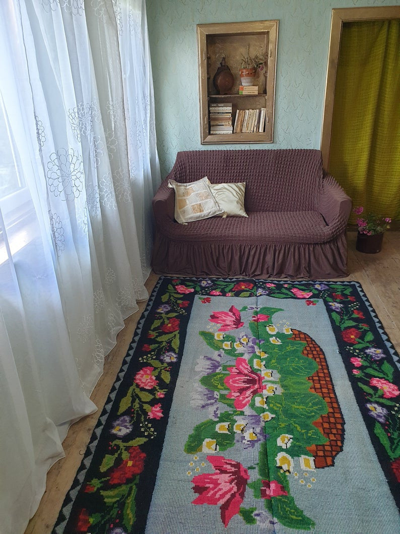 Handwoven Gray Floral Romanian Wool Rug, 239x155 cm, view 3