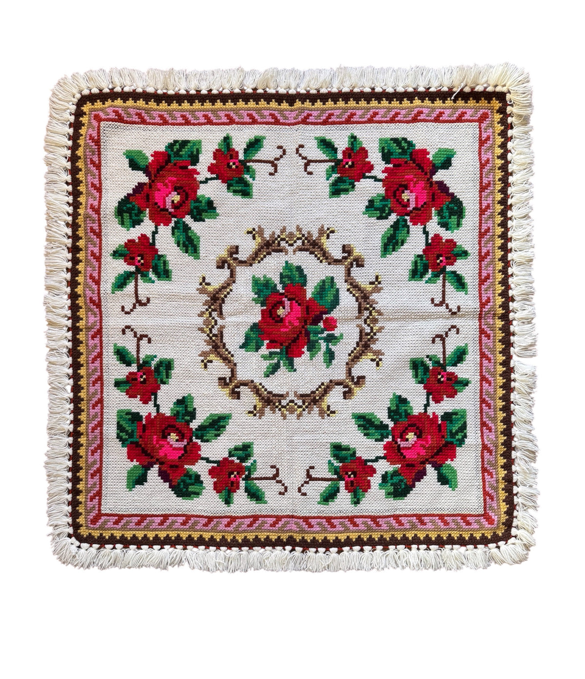 Cross-Stitch Rose Tablecloth, Romanian Folk, 89x84 cm