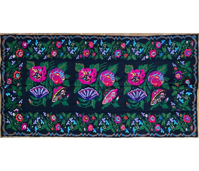 Handwoven Floral Romanian Wool Rug, 294x146 cm