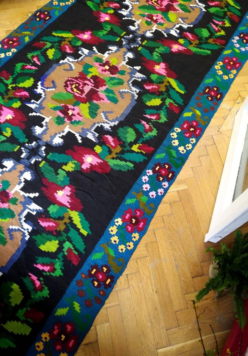 Vintage Blue Floral Romanian Wool Runner Rug, 435x145 cm, view 2