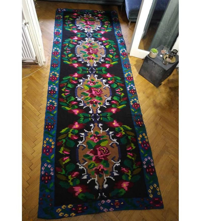 Vintage Blue Floral Romanian Wool Runner Rug, 435x145 cm, view 5