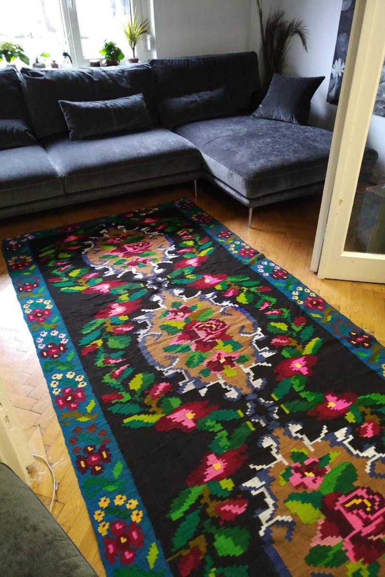 Vintage Blue Floral Romanian Wool Runner Rug, 435x145 cm, view 8