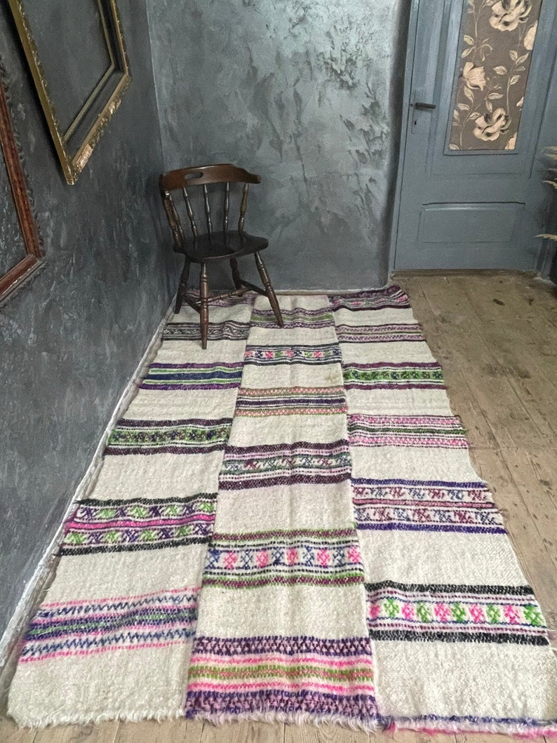 Handwoven White Striped Maramureș Wool Rug, 227x134 cm, view 2