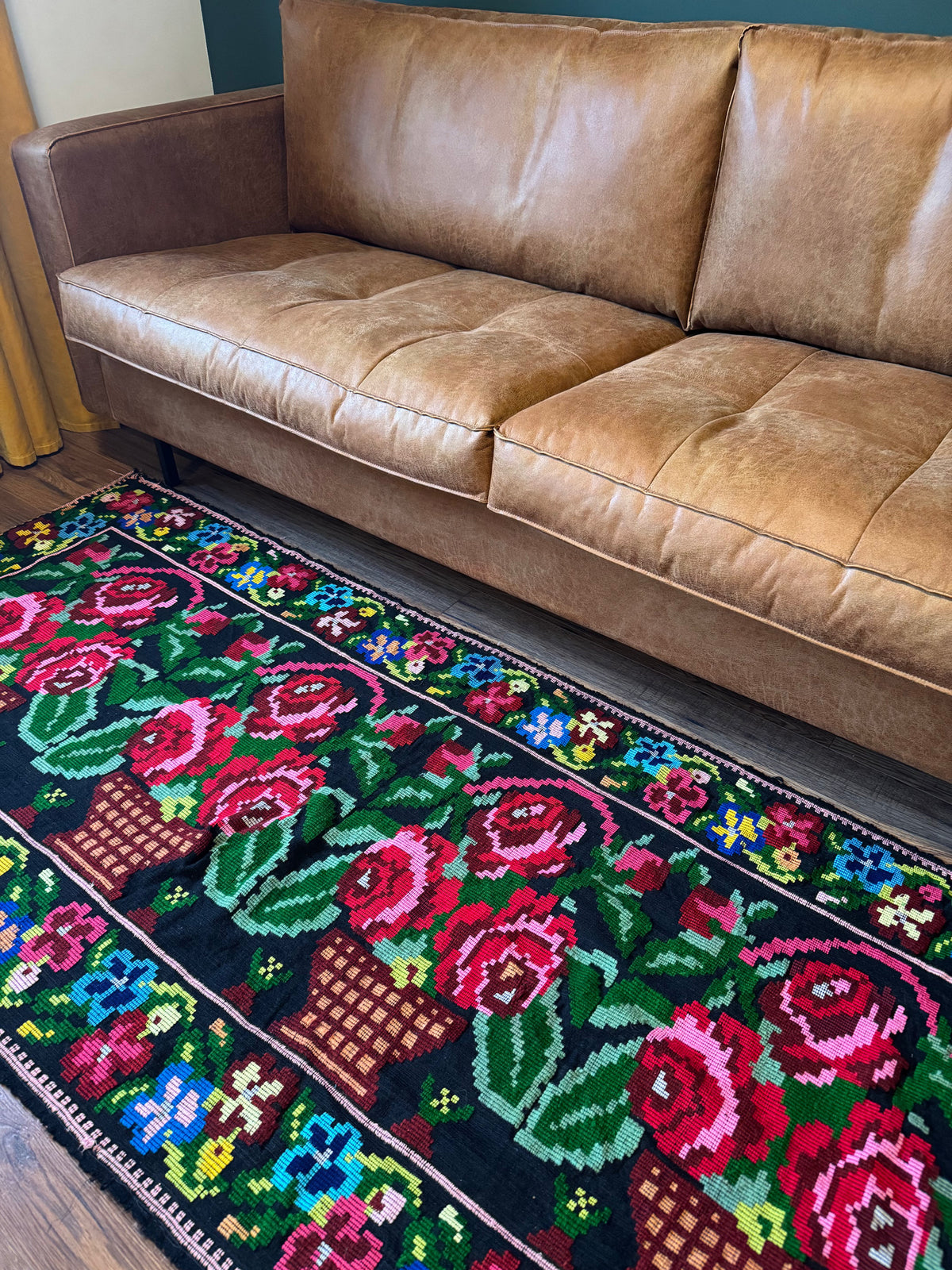Vintage Black Floral Moldavian Wool Runner Rug, 215x95 cm, view 14