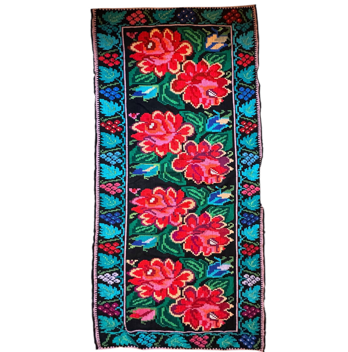 Vintage Black Floral Moldavian Wool Runner Rug, 228x100 cm