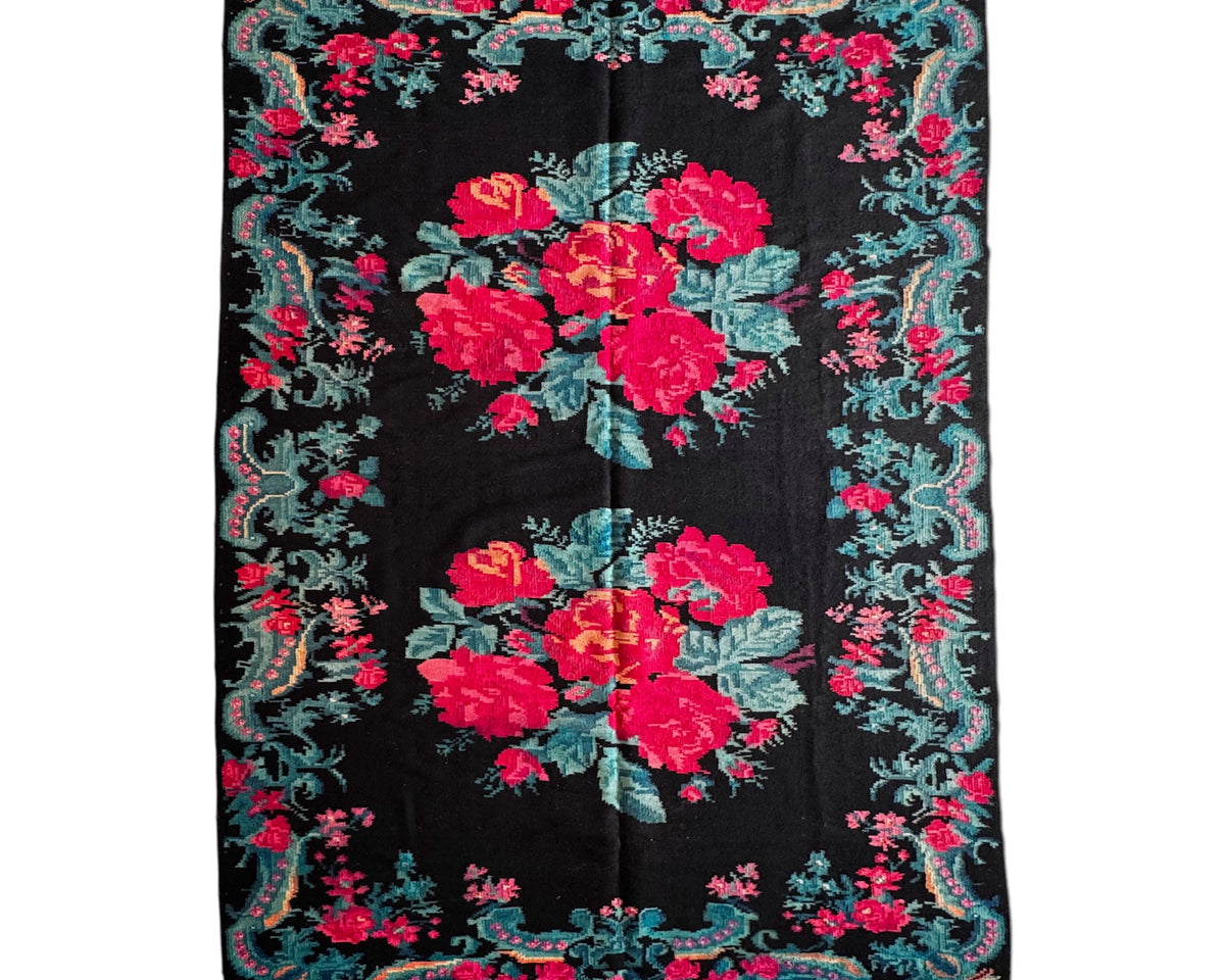 Old Black Floral Bessarabian Wool Rug, 345x187 cm