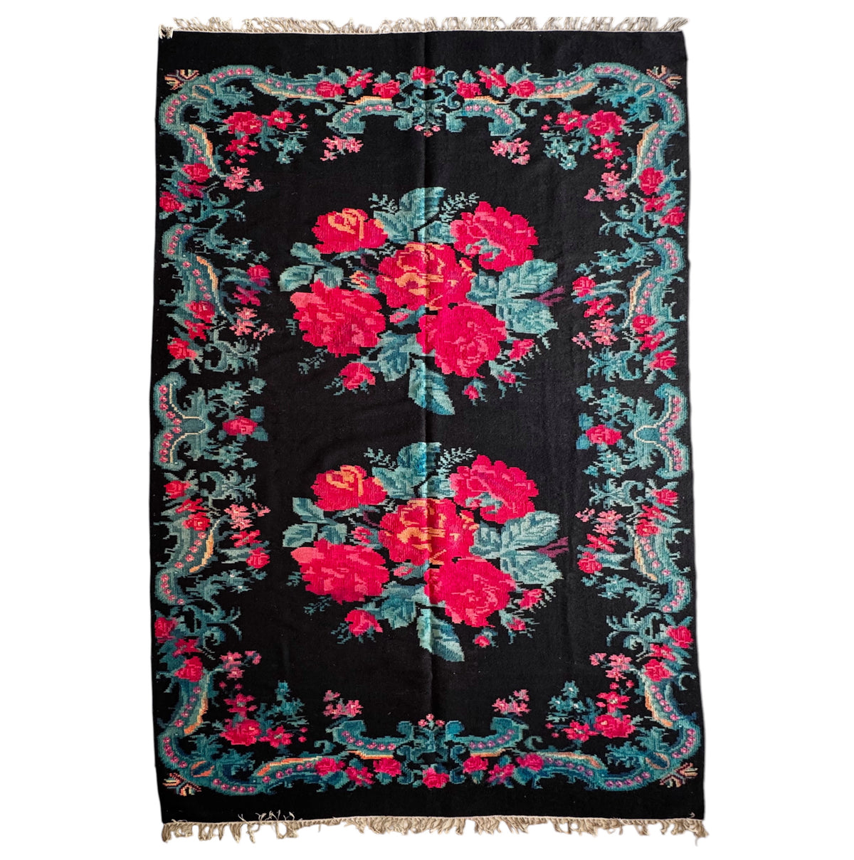 Old Black Floral Bessarabian Wool Rug, 345x187 cm