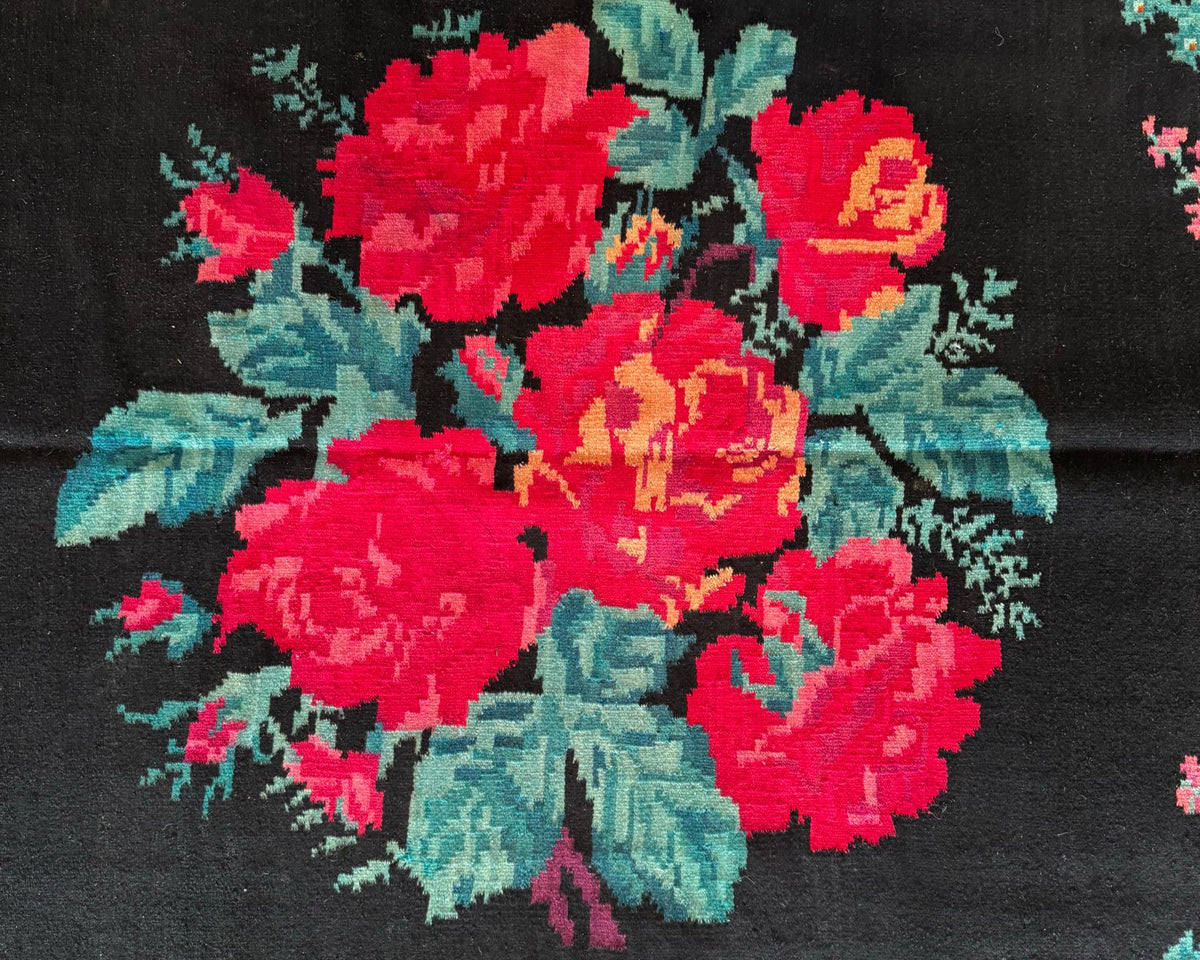 Old Black Floral Bessarabian Wool Rug, 345x187 cm, view 12